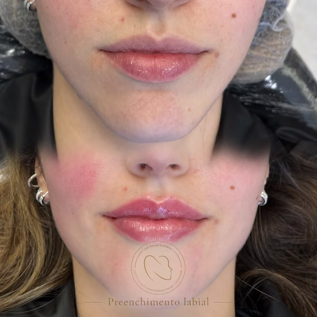 Antes e depois de preenchimento labial